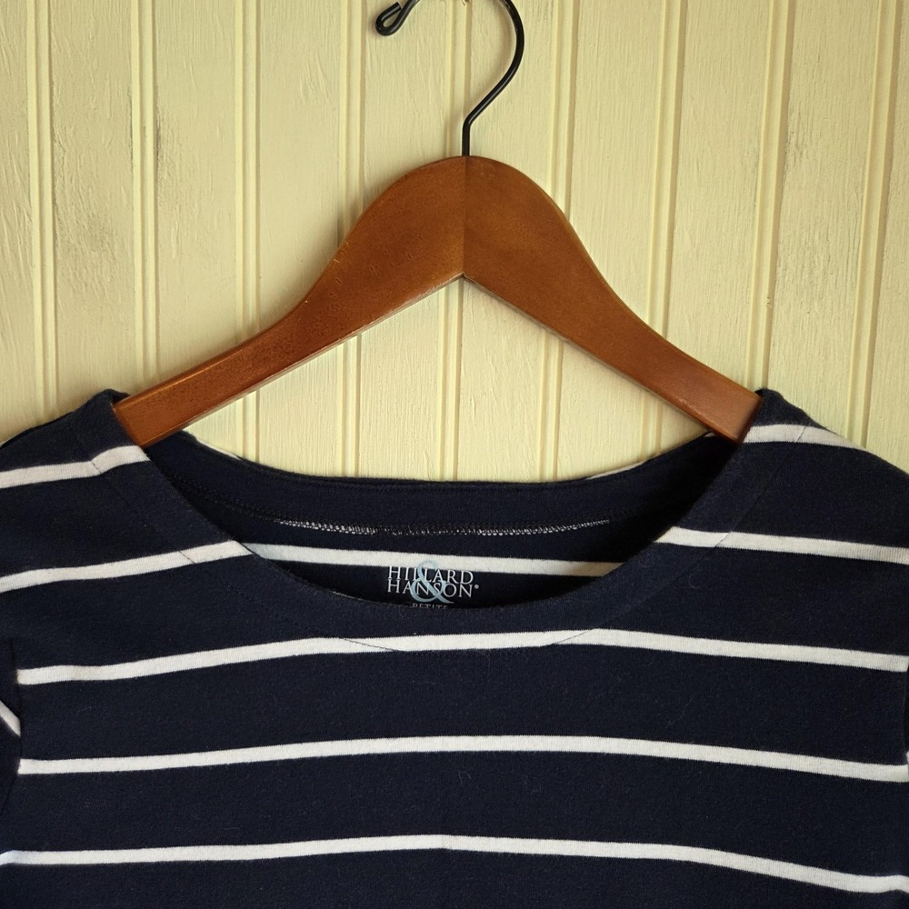 Hilliard & Hanson Shirt Womens PL Petite Blue Stripe Boat Neck 3/4 Sleeve Top
